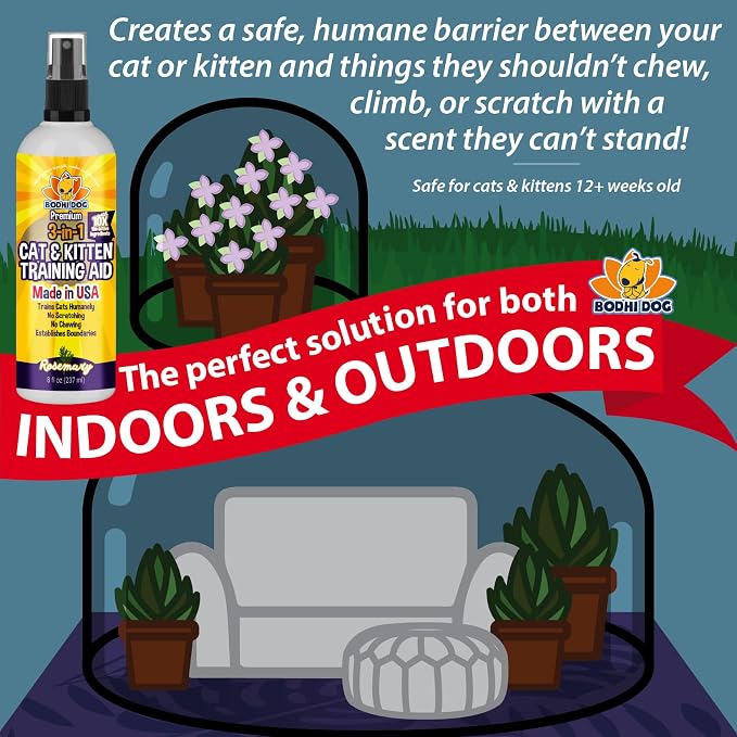 Bodhi 3-in-1 Cat & Kitten Training Aid - Cat Deterrent Spray for Indoor and Outdoor Use - Repellent to Establish Boundaries, Keep Cats Off Furniture, Protect Rugs & Plants - Made in USA (8 Fl Oz)