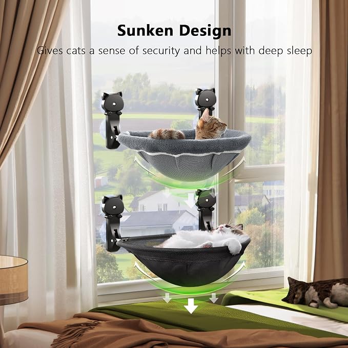 JUNSPOW 2 Pack Cat Window Perch Cordless, Kitty Hammock with Sunken Design Foldable & Stable Cat Beds- Breathable Window Hammock for Overlooking, Sunbathing and Climbing - Maximum Hold Up to 40lb