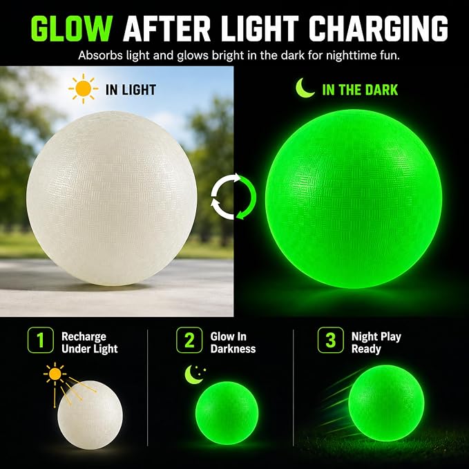 Hiboom Glow in The Dark Kickballs Dodgeballs, 8.5"/ 10"/ 6" Light up 4 Square Ball with Pump, No Battery Needed Playground Balls for Backyard School and Outdoor Night Activities