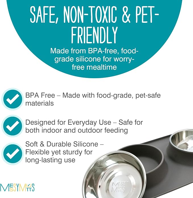 Messy Mutts Double Silicone Feeder with Stainless Bowls | Non-Skid Food Dishes for Dogs for All Pets | Dog Food Bowls | Extra-Large, 6 Cups Per Bowl | Grey