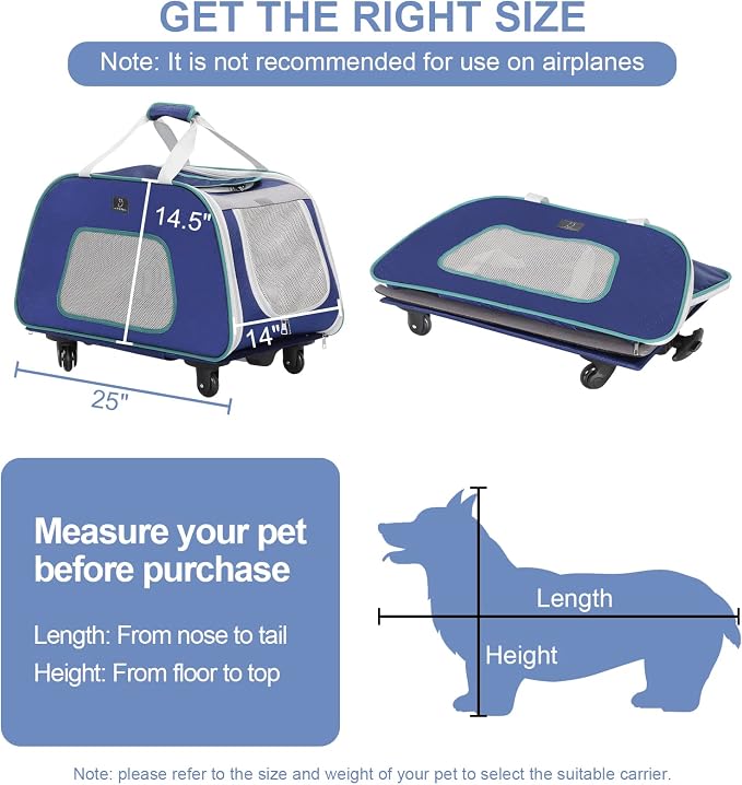 A 4 Pet Dog Carrier with Wheels,Foldable Rolling Pet Carrier Up to 33 LBS with Removable Base, Extendable Handle & 4-Wheels Design, Mesh Ventilation Windows and Safety Rope,Navy Blue