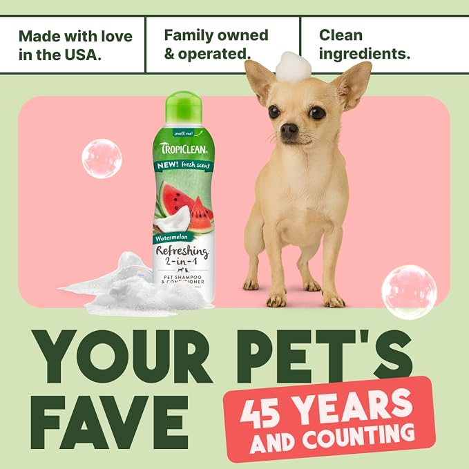 TropiClean 2-in-1 Dog Shampoo and Conditioner, Professional Dog Shampoo, Puppy Safe, Moisturizing Detangler, Made in USA, Watermelon Scent, 1 Gallon