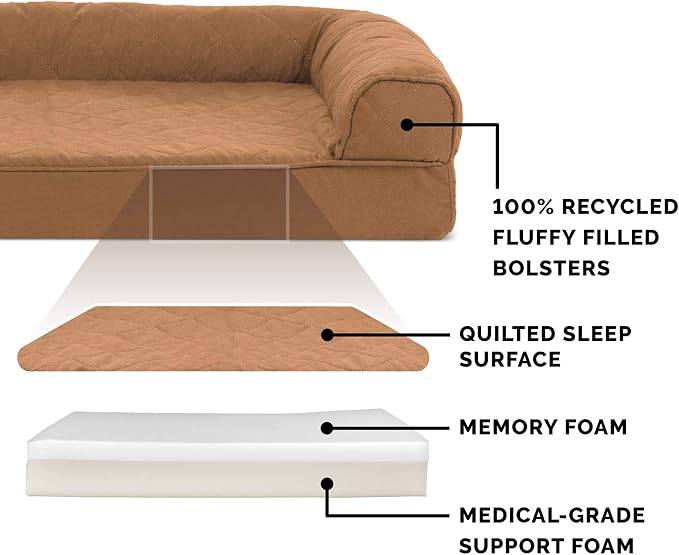 Furhaven Memory Foam Dog Bed for Large Dogs w/ Removable Bolsters & Washable Cover, For Dogs Up to 125 lbs - Quilted Sofa - Toasted Brown, Jumbo Plus/XXL