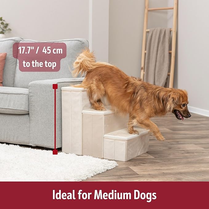 Trixie Velour Foldable 3-Step Pet Stairs with Storage, Collapsible, Storage Compartments for Pet Toys, Beige
