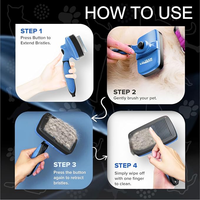 Pet Self Cleaning Slicker Brush and Grooming Comb - Gently Removes Loose Hair, Tangles, and Dirt - Skin Friendly Deshedding Grooming Tool for Hair Dogs & Cats - Pet Supplies Accessories (Blue)