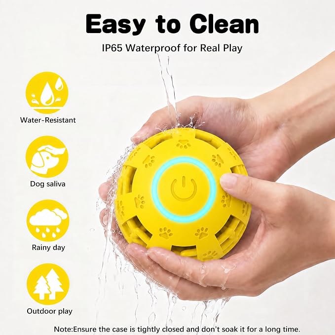 Interactive Dog Toy Ball, Durable Motion Activated Automatic Moving Ball for Small/Medium/Large Dogs, Rechargeable Dog Treat Ball with LED Lights, 2 Play Modes to Keep Your Dog Busy (Yellow)