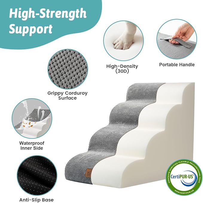 COZY KISS Wide Dog Stairs for Small Dog 19.7" H, Pet Step for Puppy, Older Cat, Curved Ramp for High Bed or Car, Stairs with High Density Foam, Lightweight, Durable, 4 Step, 17.7x28x19.7 inch, Grey