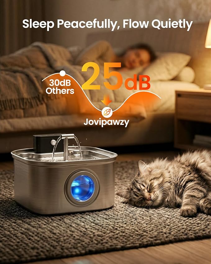 Cordless Cat Water Fountain Stainless Steel, 3.2L/108oz Wireless Pet Water Fountain, Battery Operated Rechargeable Automatic Cat Fountains for Drinking with Motion Sensor (4 Filter)