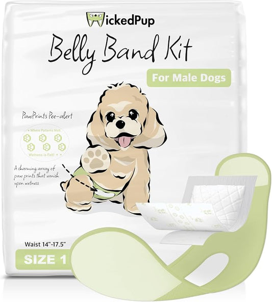 WICKEDPUP Male Dog Belly Band Kit, 50 Diaper Pads & 1 Reusable Male Wrap (Size 1 (14"-17.5" Waist))