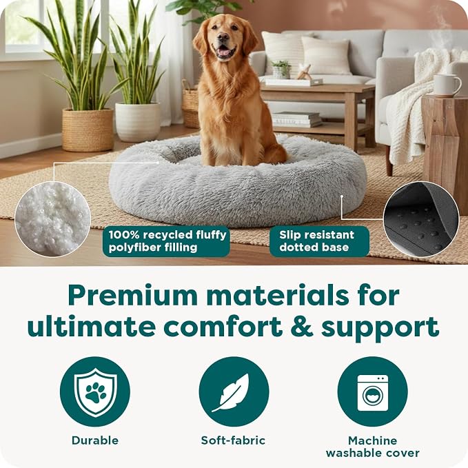 Furhaven 30" Round Calming Donut Dog Bed for Medium/Small Dogs, Refillable w/ Removable Washable Cover, For Dogs Up to 45 lbs - Shaggy Plush Long Faux Fur Donut Bed - Gray, Medium