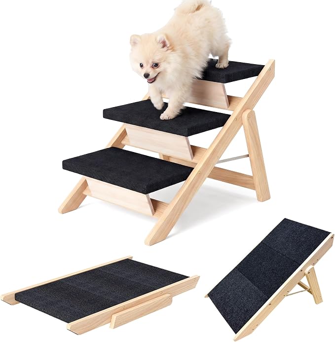 Dog Stairs/Ramp for Bed, Wooden 2-in-1 Foldable Pet Stairs & Ramp, Portable Dog Ladder Up to 180 Pound for Elderly/Short-Legged Dogs, 3 Steps for Beds, Couch, Cars