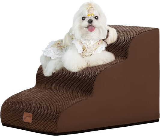 GoGoBunny Ramp Dog Stairs for Couch Sofa and Chair 15.7" H, 3-Step Pet Steps for Small Dogs and Cats, Non-Slip Waterproof Fabric Cover, Stable and Balanced Indoor Step, Pets Friendly, Brown