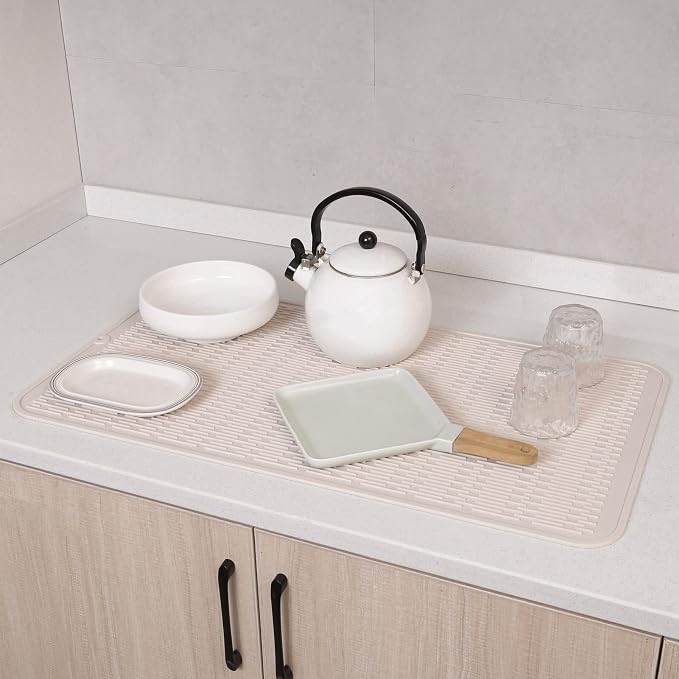 MicoYang Silicone Dish Drying Mat for Multiple Usage,Easy clean,Eco-friendly,Heat-resistant Silicone Mat for Kitchen Counter or Sink,Refrigerator or Drawer Liner Tapioca 4XL 32 inches x 18 inches