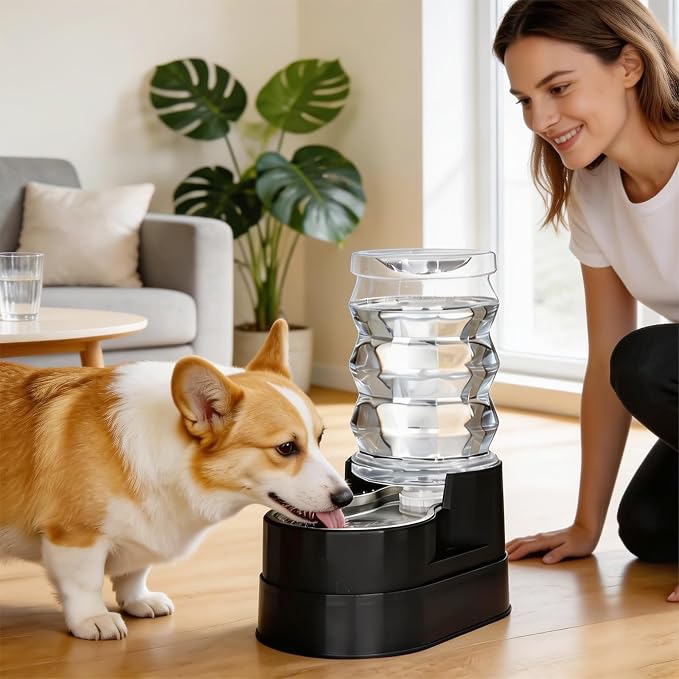 RIZZARI Stainless Steel Water Feeder: 7L Black Large Capacity & Automatic Gravity Dispenser - Elevated Anti-Spill Design for Senior Dogs with Spinal Issues - Garage Garden Use