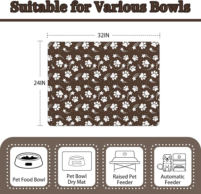 Dog Food Mat 24x32 Inch Pet Feeding Absorbent Mats for Floor Dog Cat Water Bowl Placemat Non-Slip Washable Pet Food and Water Mat
