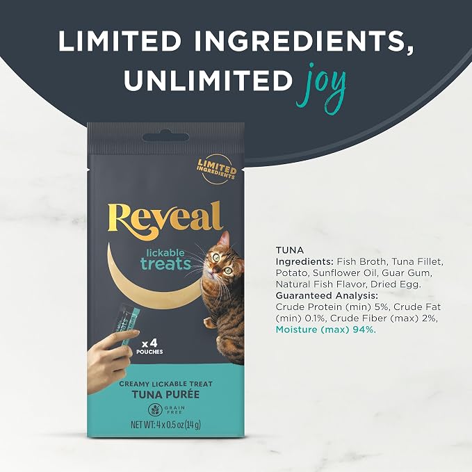 Reveal Tuna Puree Lickable Cat Treats 40-Pack, Limited Ingredient, Grain Free, Protein Squeeze Up Cat Treats for Training or Food Topper, No Artificial Additives (40 x 0.5 oz Pouches)