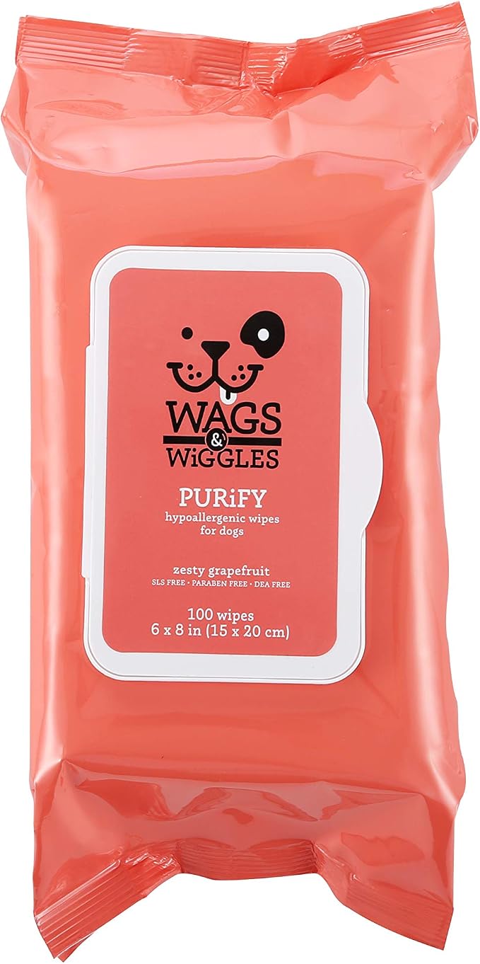 Wags & Wiggles Purify Hypoallergenic Dog Wipes for Sensitive Skin, Paw and Body Grooming Wipes with Gentle Plant Based Formula for Everyday Cleaning, Zesty Grapefruit Scent, 100 Count - 12 Pack