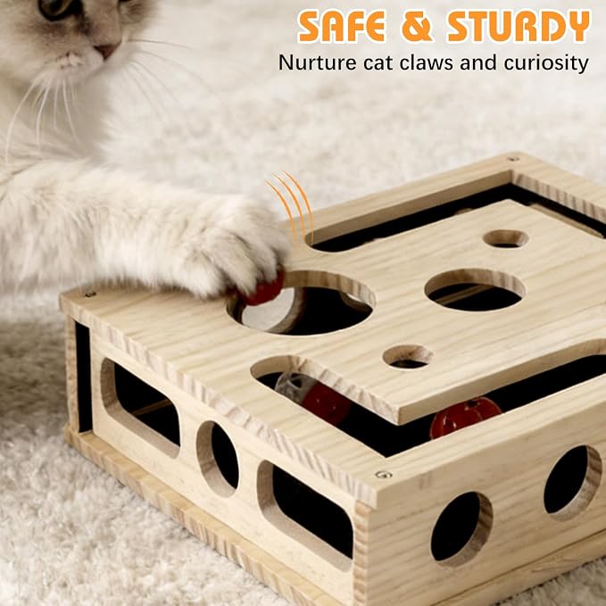 Cat Scratch Puzzle Enrichment Box, Wooden Cat Nail File Box Stress Free Alternative to Grinders, Maze Toy Box for Indoor Cats Scratching, with Sandpaper & 3 Bell Balls