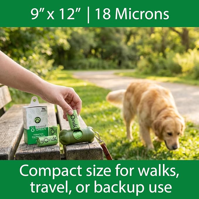 beyondGREEN Dog Waste Bags – Folded Rolls – Made in USA, Leak-Resistant, Extra-Strong - 16 Rolls - 15 Bags per Roll - 240CT
