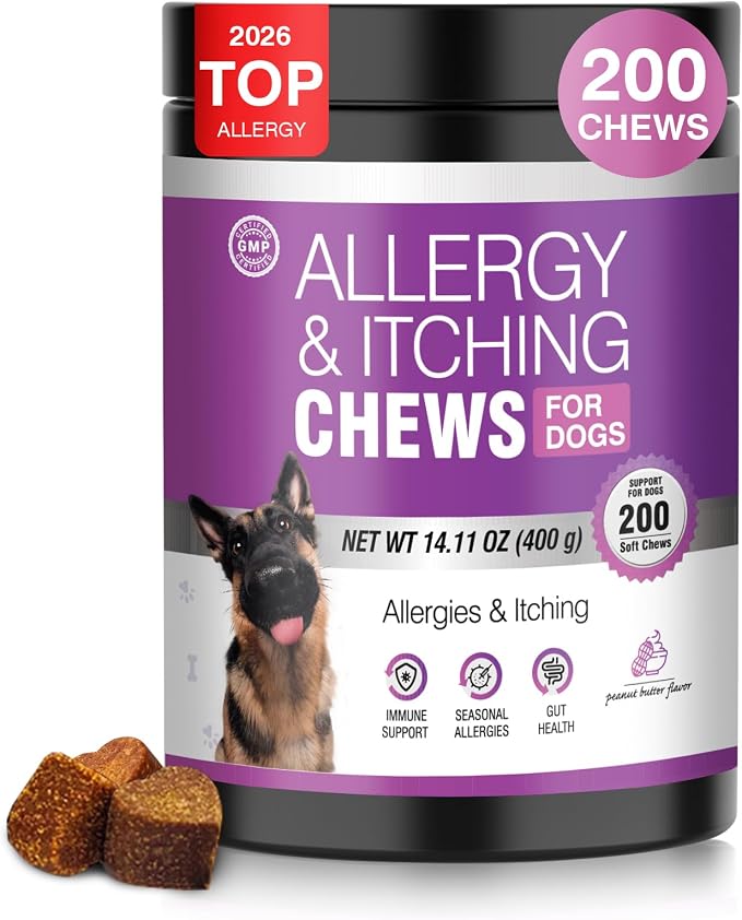 Dog Allergy Chews 200ct - Dog Allergy and Itching Skin Relief Anti Itch Aller Immune Bites for Dogs licking Paws Treatment Relief Itchy Chew Probiotics Vitamins for Skin and Coat - Peanut Butter