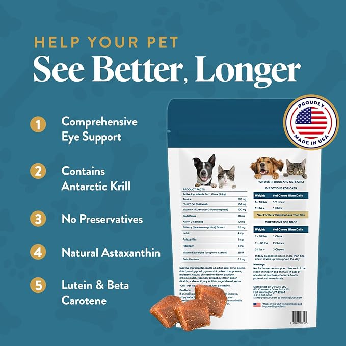 OcluVet Vision Chews Eye Supplements for Dogs & Cats, Natural Chicken Flavor, Contains Omega 3, Lutein, Antioxidants, & More, Cat & Dog Eye Supplements, No Preservatives, Made in USA, 1 Bag, 30 Chews