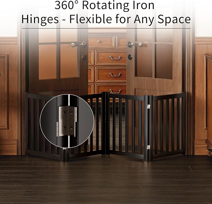 4-Panel Solid Wood Dog Gate - Freestanding Folding Pet Gate for Doorways, Stairs, Indoor, 24" Height, No Installation Needed, Black