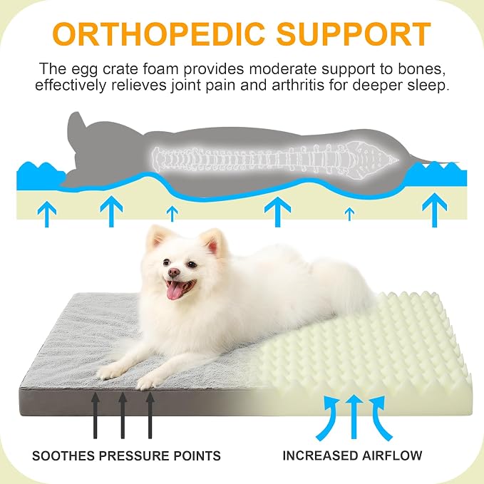 KSIIA Orthopedic Dog Bed, Deluxe Plush Waterproof, 29 x 18 Inch, Gray, 3-Inch Thick High-Density Egg Crate Foam, Removable Cover, Machine Washable