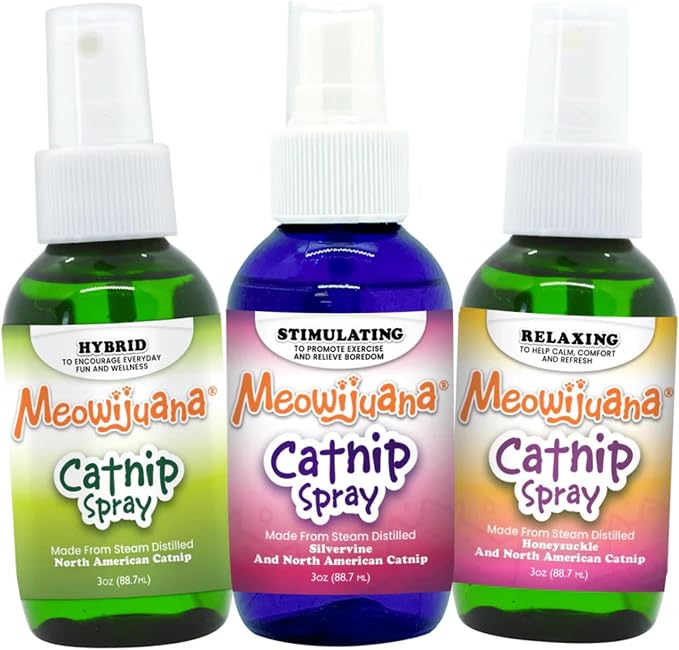 Meowijuana Catnip & Silvervine Spray Trio - 3 oz | High Potency Formula | Natural Formula for Pet Owners & Multi-Cat Households | Enhance Playtime & Relaxation | Perfect for New Cat Owners