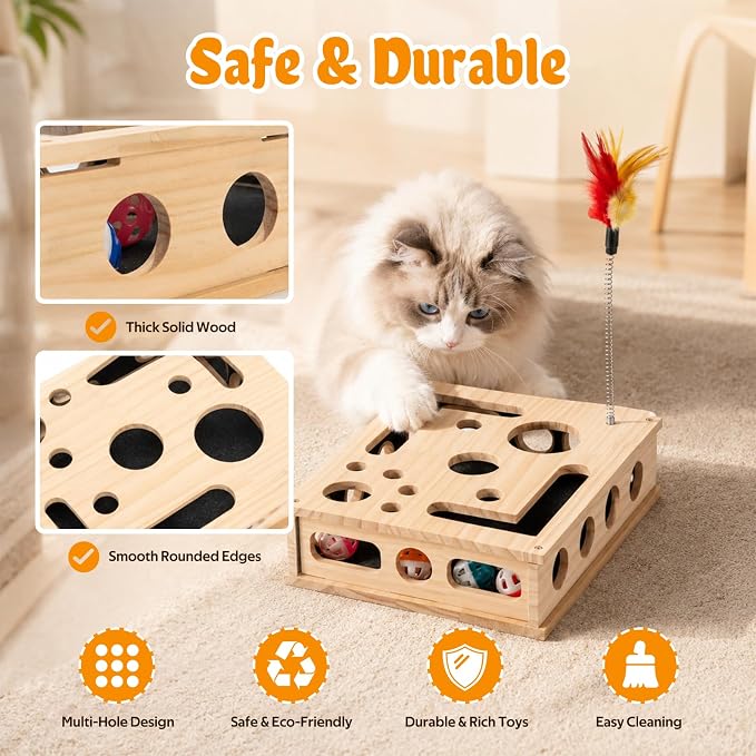 Cat Toys for Indoor Cats - Interactive Box Puzzle Toy Nail File Scratcher Cat Play Toy with 6 Jingle Balls & 2 Feather Wands, Wooden Puzzle Treat Toy Box Energize Cat Instincts for Bored Cats