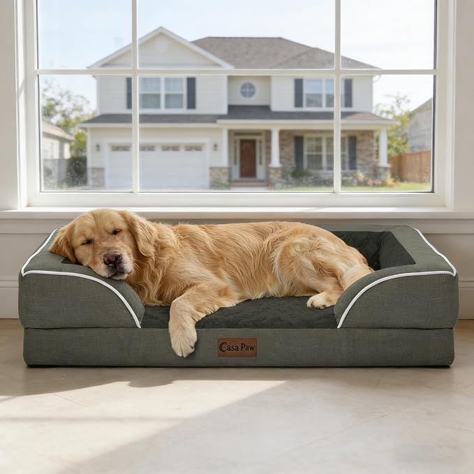 Orthopedic Dog Beds for Extra Large Sized Dogs 53x42 Inch, XXL Waterproof Egg Crate Foam Dog Sofa Bed with Removable Washable Cover Big Pet Couch with Bolster & Non-Slip Bottom, Dark Green