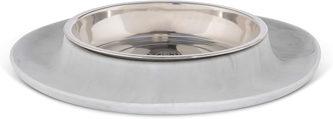Messy Cats Single Silicone Feeder with Stainless Saucer Shaped Bowl | Anti-Slip Non-Skid Cat Food Bowl | One Cat Bowl in Feeding/Water Station | 1.75 Cups (Marble)