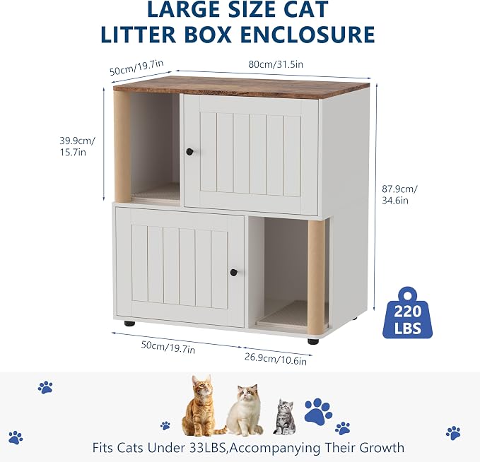 Cat Litter Box Enclosure, Two-Story Wooden Hidden Litter Box Furniture with Scratching Post, Multi-Level Cat Washroom Cabinet for 2 Cats, Reinforced Wood Frame & Ventilated Design for Small Apartment