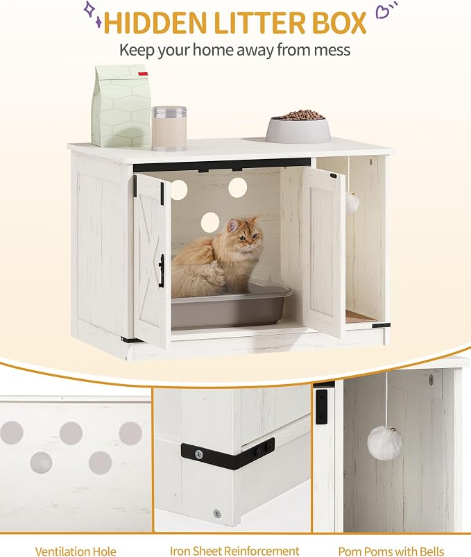 Hzuaneri Cat Litter Box Enclosure, Hidden Litter Box Cabinet Furniture with Bell, Indoor Cats House, Farmhouse Style, 31.5 x 19.7 x 20.9Inches, for Hallway, Bedroom, White CB82414B