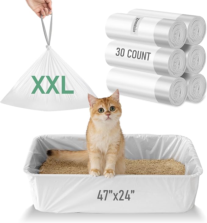 ZOMISIA Super Jumbo Litter Box Liner XXL - 30 Count 47" x 24" Cat Litter Bags with Drawstring, Extra Thick Kitty Litter Pan Liners Tear Resistant Heavy Duty, Easy Clean up for Litter Tray, Unscented