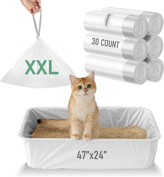 ZOMISIA Super Jumbo Litter Box Liner XXL - 30 Count 47" x 24" Cat Litter Bags with Drawstring, Extra Thick Kitty Litter Pan Liners Tear Resistant Heavy Duty, Easy Clean up for Litter Tray, Unscented