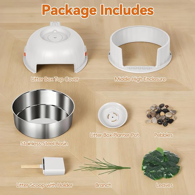 Hidden Cat Litter Box Enclosure with Artificial Plant, Stainless Steel Litter Box Furniture, Decorative Round Planter Includes Scoop, Pebbles, Carbon Filter, Easy to Clean (Beige)