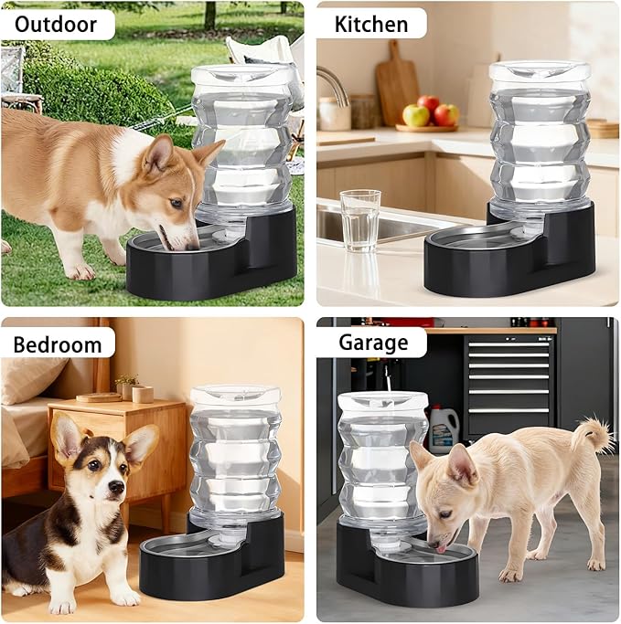 RIZZARI Dog Water Dispenser: 7L Black Stainless Steel Gravity Waterer - Helps Prevent Urinary Stones - Leak-Proof & Stable-Small to Medium Dogs & Cats- Daily Use-Long Hours Away & Home
