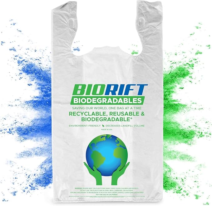 BioRift T Shirt Grocery Bags - 100% Biodegradable & Eco Friendly – Reusable Supermarket Small Trash Bags - Extra Strong Thank You Plastic Shopping Handles - Recyclable For Dog & Cat Poop (500 Count)
