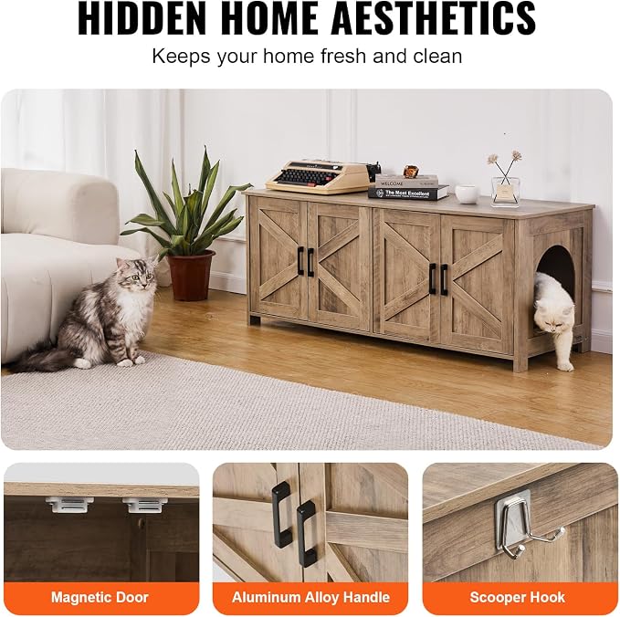 VEVOR Cat Litter Box Enclosure for 2 Cats, Litter Box Furniture Hidden with Double Rooms, Wooden Cat Box Cabinet Fit Most of Litter Box