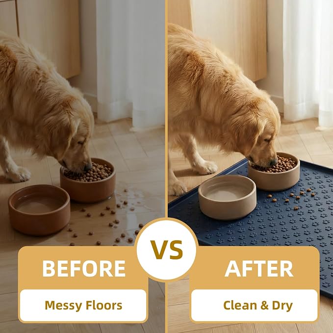Silicone Dog Food Mat, 100% Waterproof Pet Feeding Mat with Raised Edge, Non-Slip Bowl Placemat for Cats & Dogs, Pets Accessories, 18.3” x 11.4”
