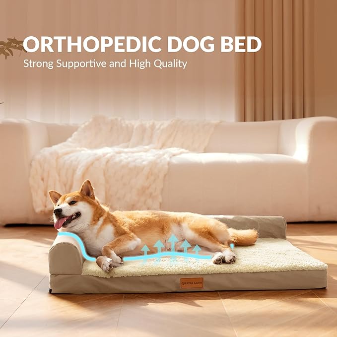 Patas Lague Orthopedic XL Dog Bed Large Sized Dog 48''X30'', Waterproof L Bolster Big Large Pet Sofa Beds with Removable Washable Cover, Soft Pet Couch Crate Mat with Nonskid Bottom, Beige