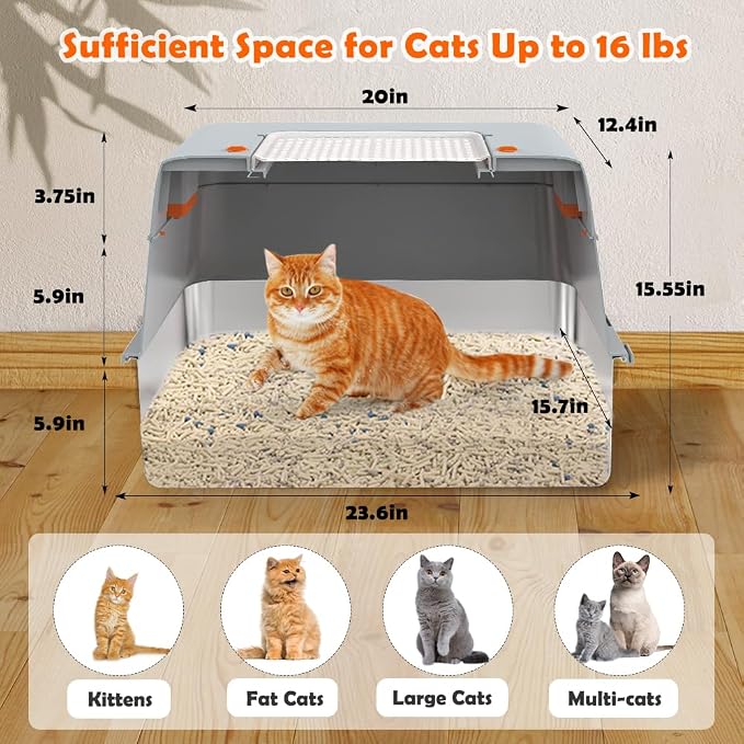 Vivifying Stainless Steel Litter Box with Lid, XL Side Entry Extra Large Litter Box for Big Cats & Kitty, Removable Enclosed Metal Cat Pan with High Sided Enclosure, Scoop, Mat, Footboard (Gray)