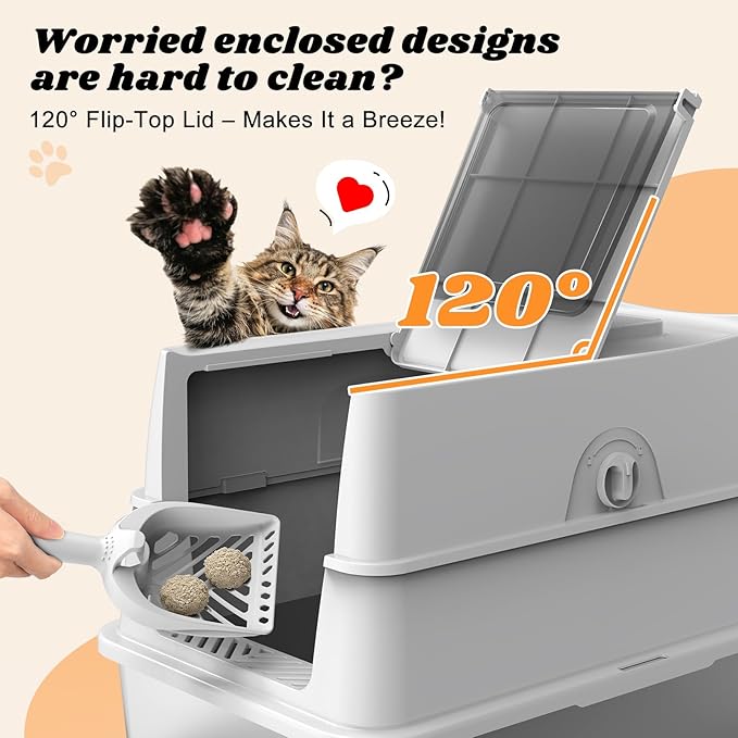 Stainless Steel Litter Box with Lid | Extra Large Enclosed Cat Litter Box for Big Cats | High Sided Metal Litter Boxes | 100% Anti-Urine Leakage | Odor Control | Non-Stick with Litter Scoop Set & Mat