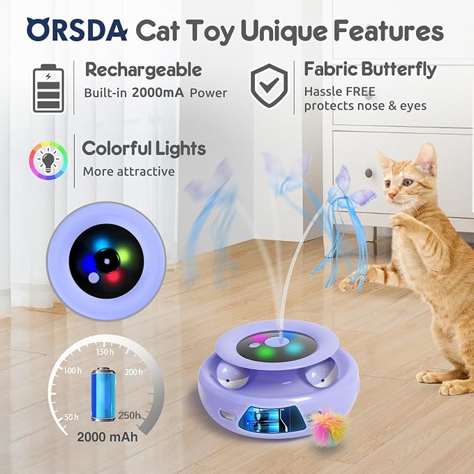 ORSDA Cat Toy, 3-in-1 Automatic Cat Toys for Indoor Cats, Rechargeable Power Interactive Feather Toys for All Breeds, Replacement Attachments 7PCS Cat Teaser Toy