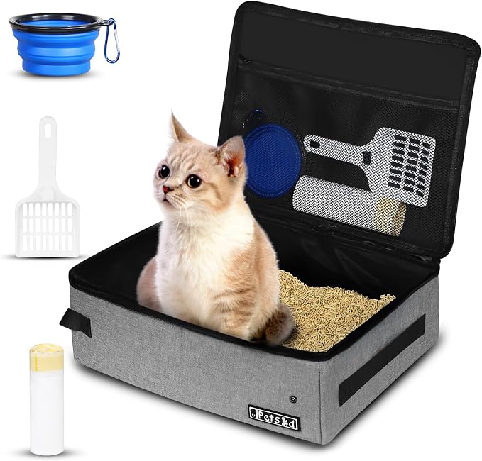 Petskd Portable Cat Travel Litter Box with Lid and 10 pcs Disposable Liner Bags, Leak-Proof and Collapsible, Cat Travel Essentials for Car, Hotel, Airplane and Other Outdoor Use(Grey)