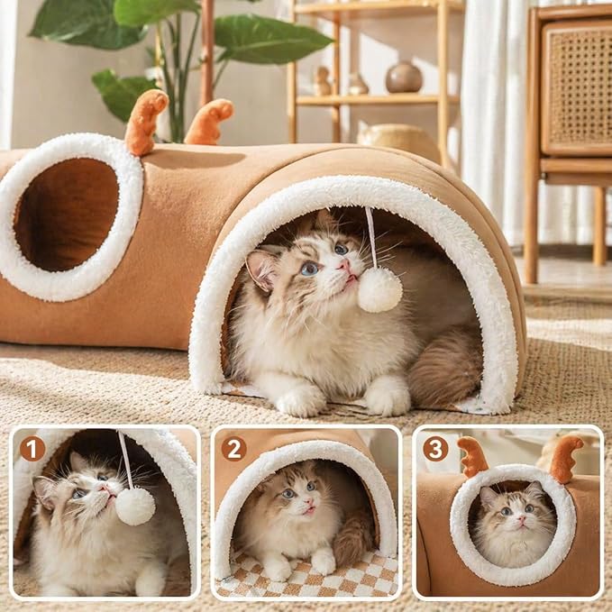 Cat Tunnel Bed for Indoor Cats, Removable Cute Cat Tunnel for Small Large Cats with Plush Balls Toys, Peekaboo Pet Cave Play Tunnel for Kitten, Puppy, Rabbit(Brown,Medium)