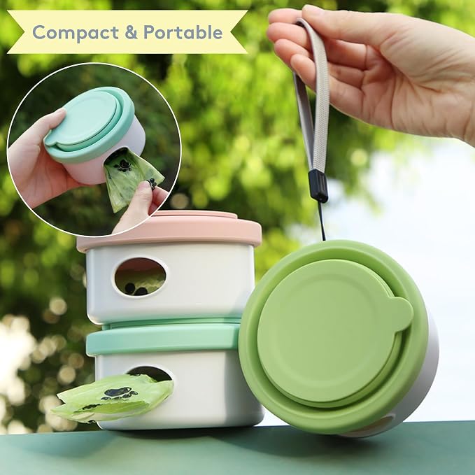 Travel Hero 3-in-1 Portable Pet Food Container for Puppies and Small Breeds, Comes with a Silicone Water Bowl and Poop Bag Dispenser in One, Lavender Cream