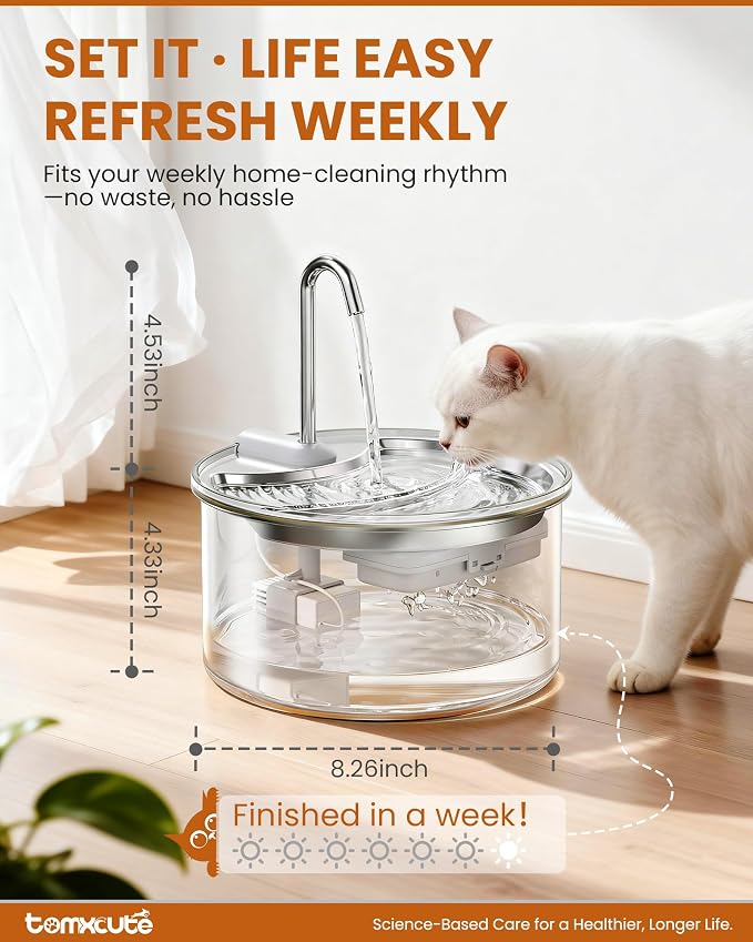 Tomxcute Glass Cat Water Fountain, 84oz/2.5L Scientific Gold Capacity for 1-2 Cats, Tiered Step-Level Pet Fountain with Soft Warm Glow, Ultra Quiet Borosilicate Glass Waterer to Reduce Feline Acne