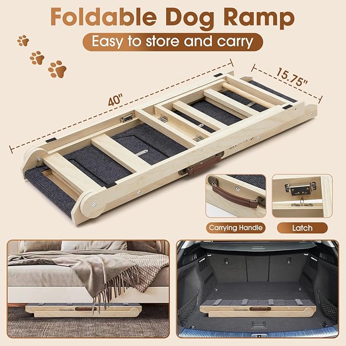 Dog Steps for Bed & Couch - 2-in-1 Dog Stairs/Ramp for Small to Large Breeds - 6 Adjustable Height from 12" to 24" - Folding Portable Wooden Ramp for Dogs to Get on Bed Couch Car Up to 200LBS