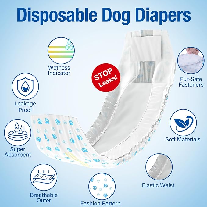 Pet Soft Disposable Male Dog Wraps - Dog Diapers for Male Dogs, Puppy Diapers with Wetness Indicator 48 Counts Medium